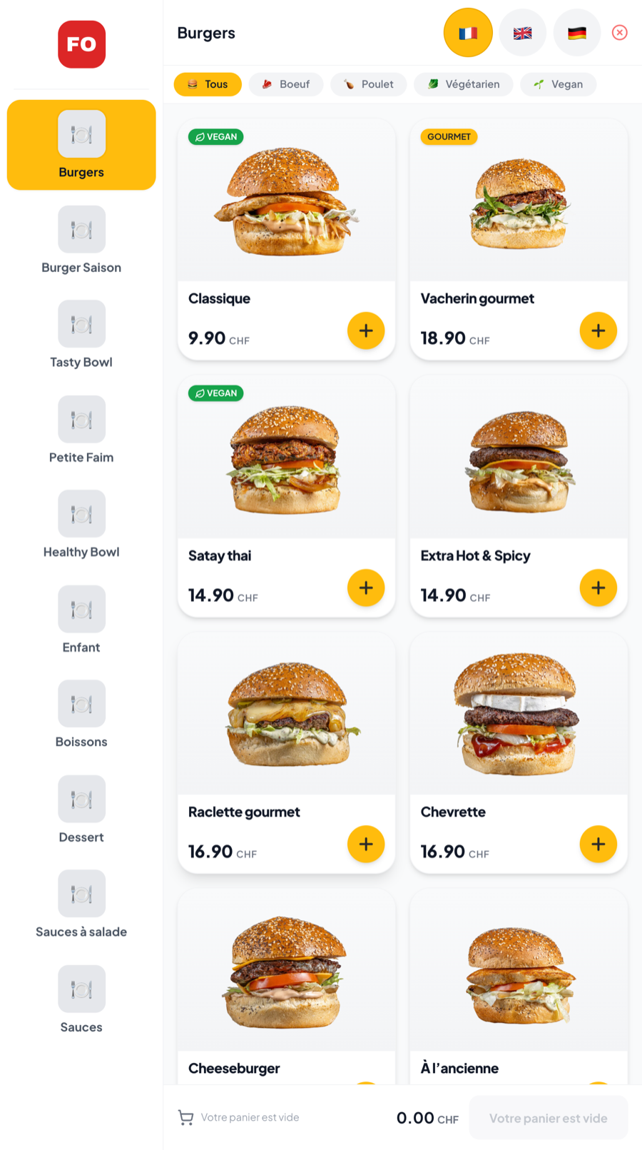 Écran de commande de la borne Borne-ton-Resto chez Fryburger Orbe : menu burgers avec photos et prix