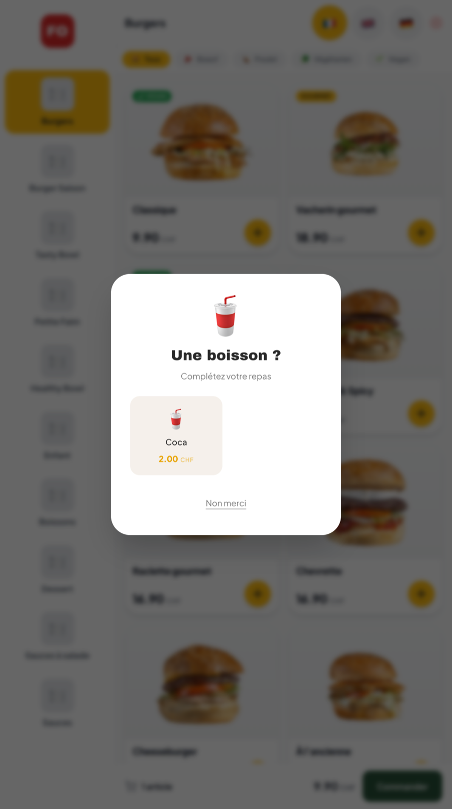Upsell automatique de la borne : suggestion d'une boisson avant le paiement